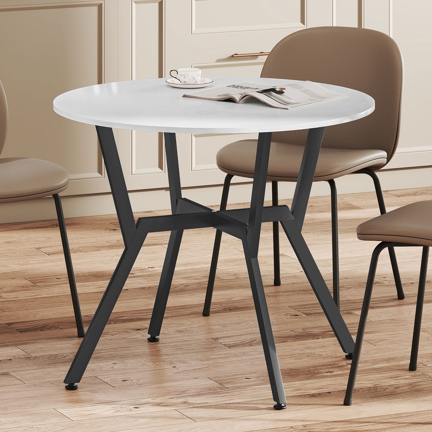 HOMCOM Round Dining Table With Black Metal Legs 90 By 76 cm High Gloss White For Living Room And Dining Room