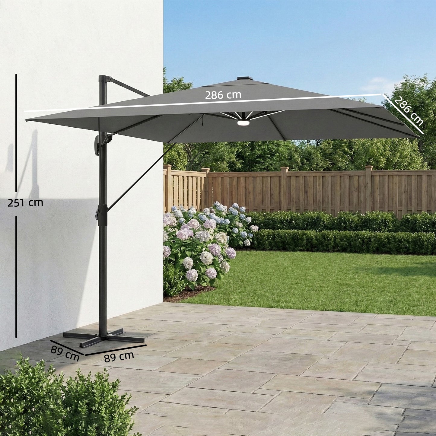 Outsunny 3m x 3m Cantilever Garden Parasol With Light And Cover, Wind Protection, 360 Degree Rotation, Grey