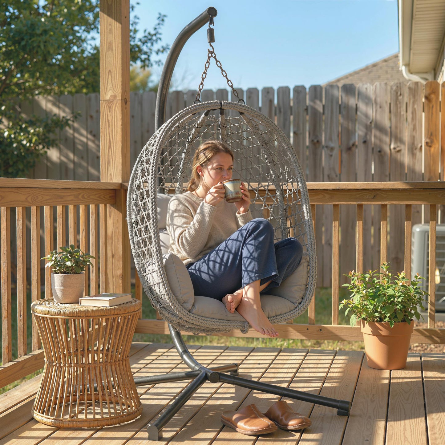 Outsunny Hanging Egg Chair With Stand Indoor Outdoor Rattan Hammock Swing Chair Safety Strap Foldable Basket Light Grey