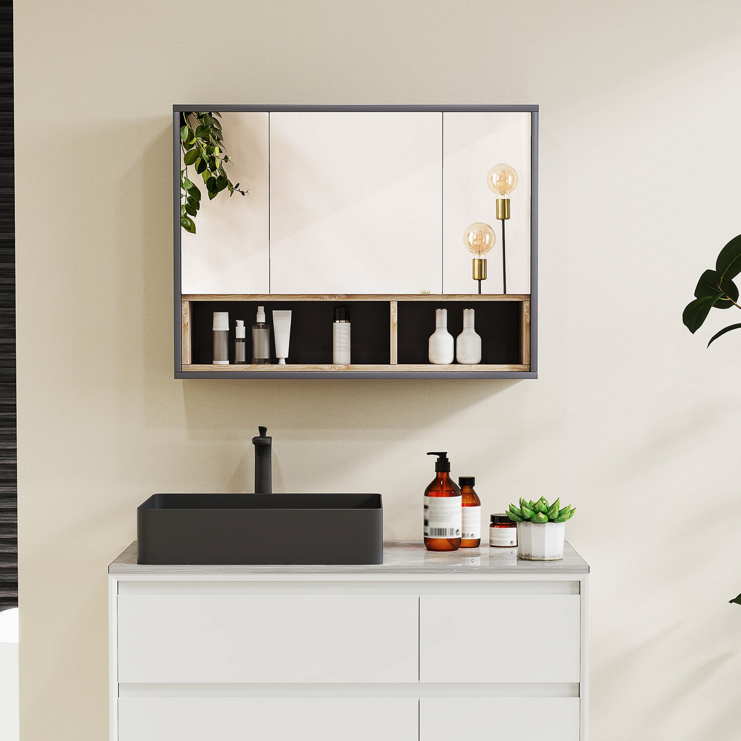 HOMCOM Wall Mounted Bathroom Mirror Cabinet With 3 Doors And Cupboards In Grey Modern Bathroom Storage Organizer