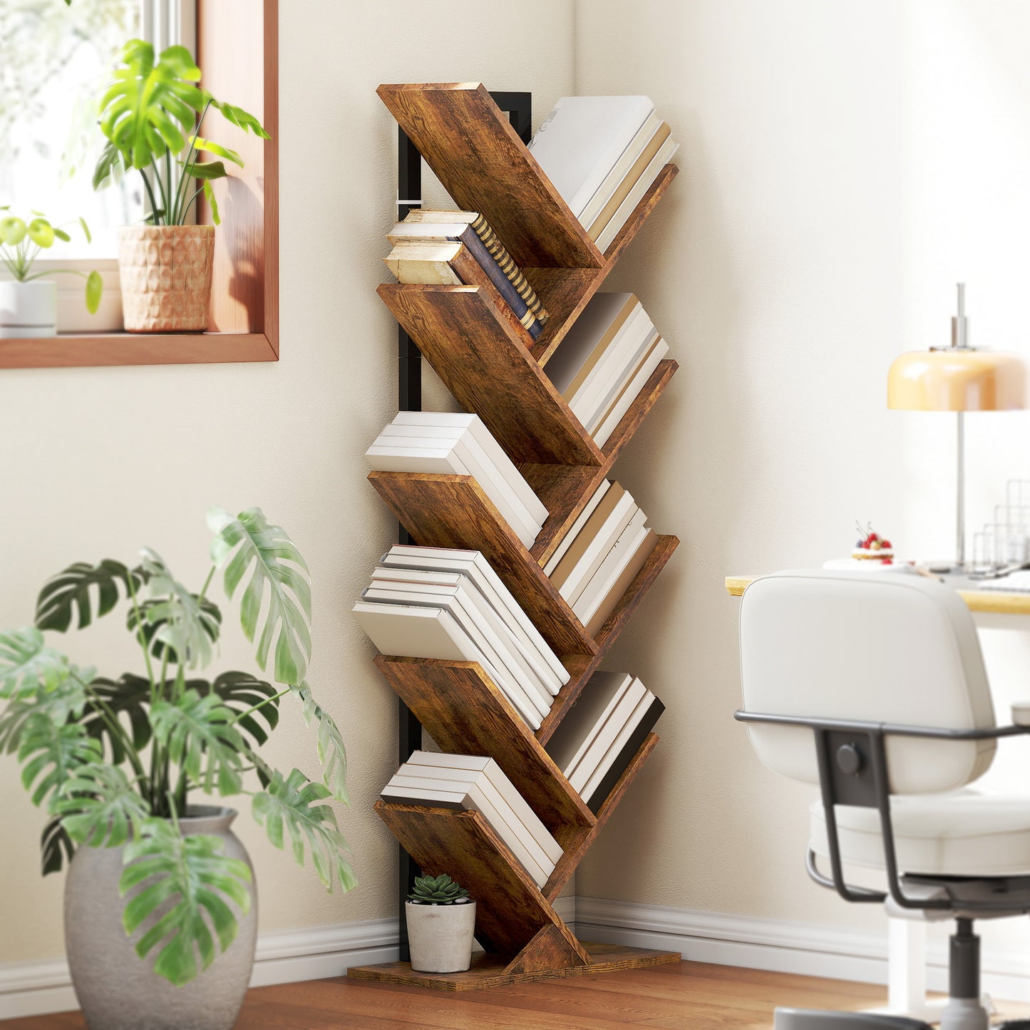 HOMCOM Eight-Section Tree Bookcase With Steel Frame In Wood-Effect Finish Multi-Tier Magazine And Book Storage Shelf