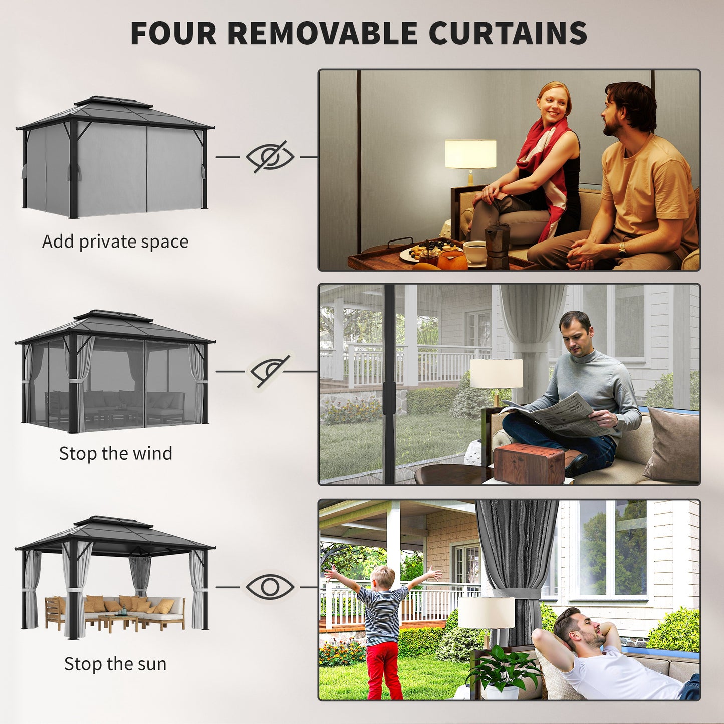 Outsunny 3x4m Hardtop Gazebo UPF30 Double Polycarbonate Roof Aluminum Frame Mosquito Netting Curtains Grey