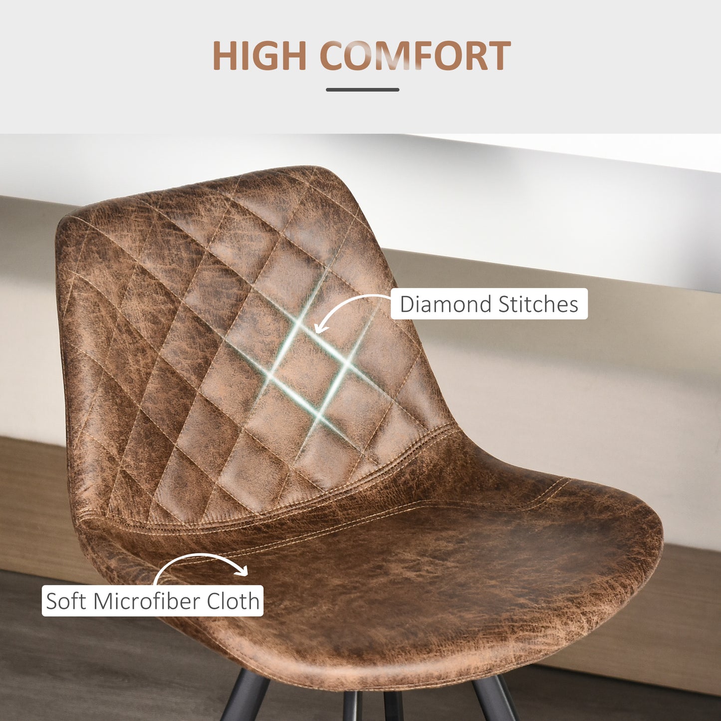 HOMCOM Set Of 2 Bar Stools Vintage Microfiber Tub Seats Padded Comfort Steel Frame With Footrest Quilted Brown