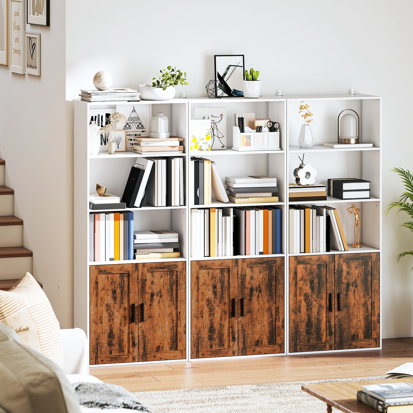 HOMCOM 5 Tier Bookcase With Adjustable Shelves Rustic Brown Open Shelving And Enclosed Storage Anti Tip Kit