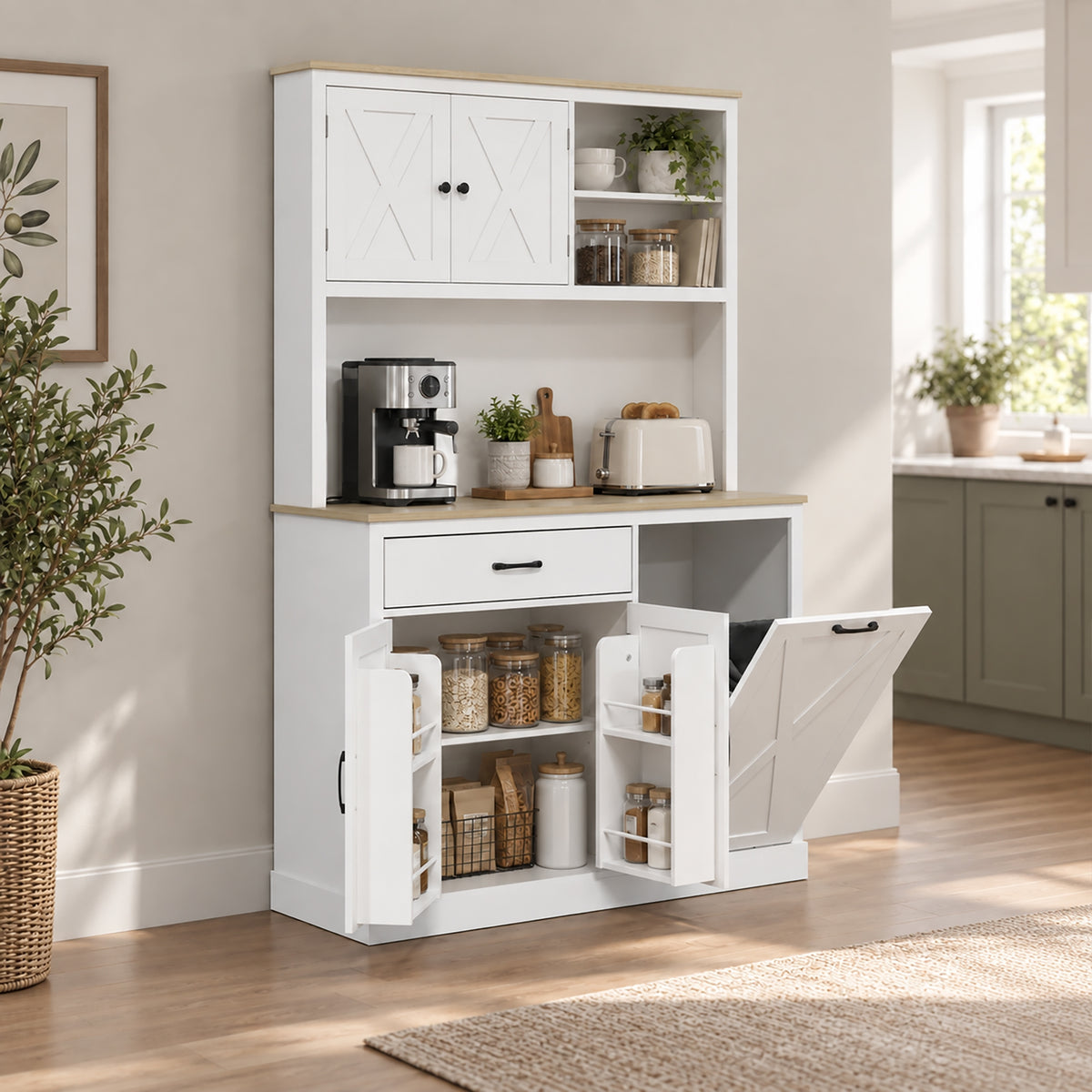 White pantry cabinet with microwave on top shelf and open lower storage doors