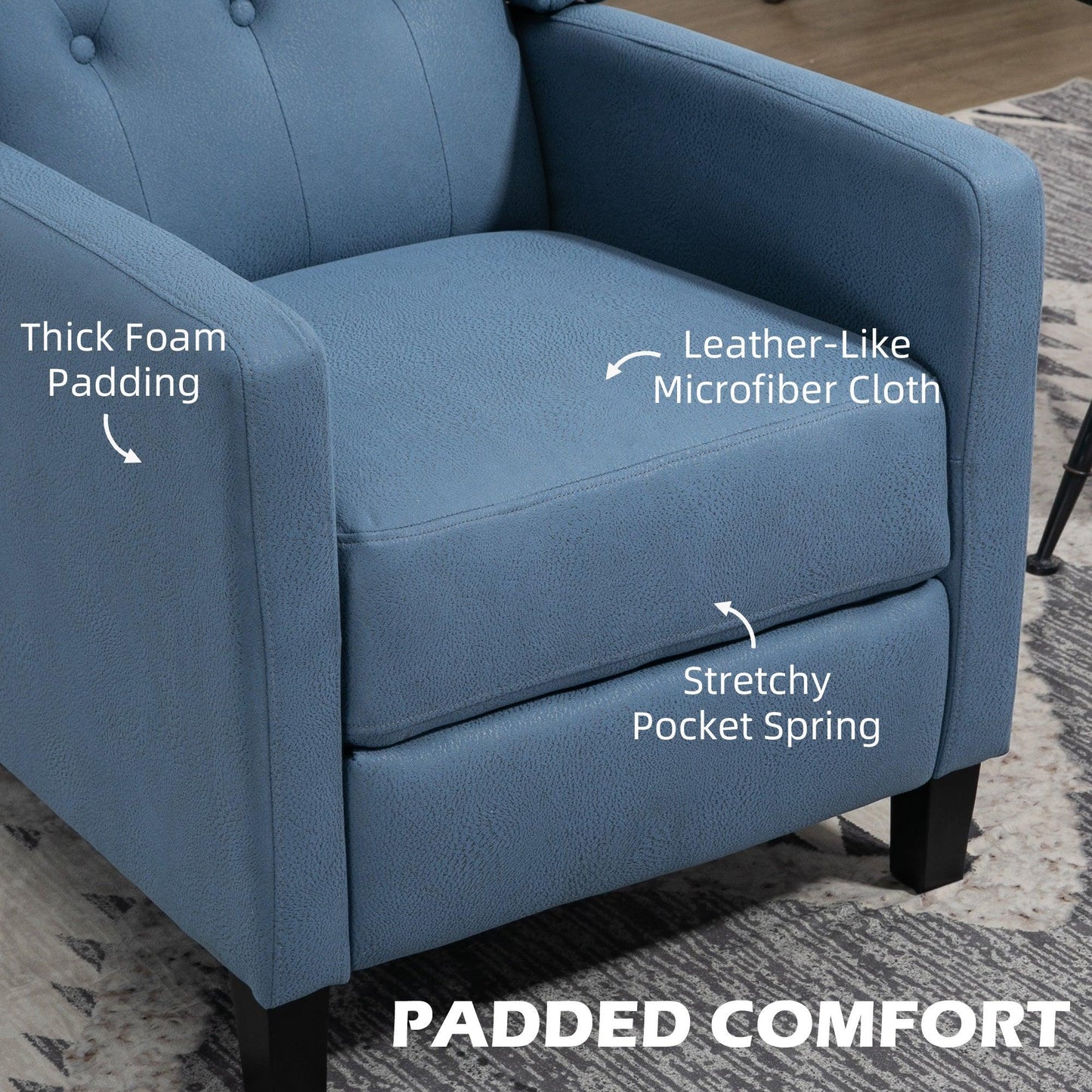 HOMCOM Button Tufted Microfibre Cloth Recliner Armchair for Living Room, Blue - ALL4U RETAILER LTD