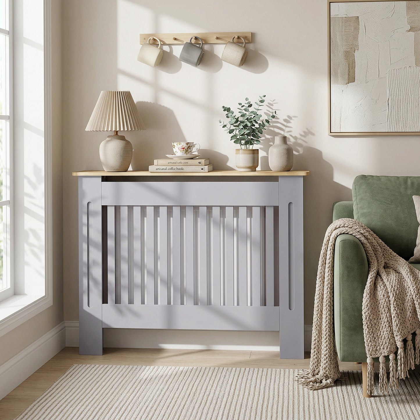 HOMCOM Slatted Radiator Cover Cabinet With Line Grill Design Grey 112 L 19 W 81 H Cm