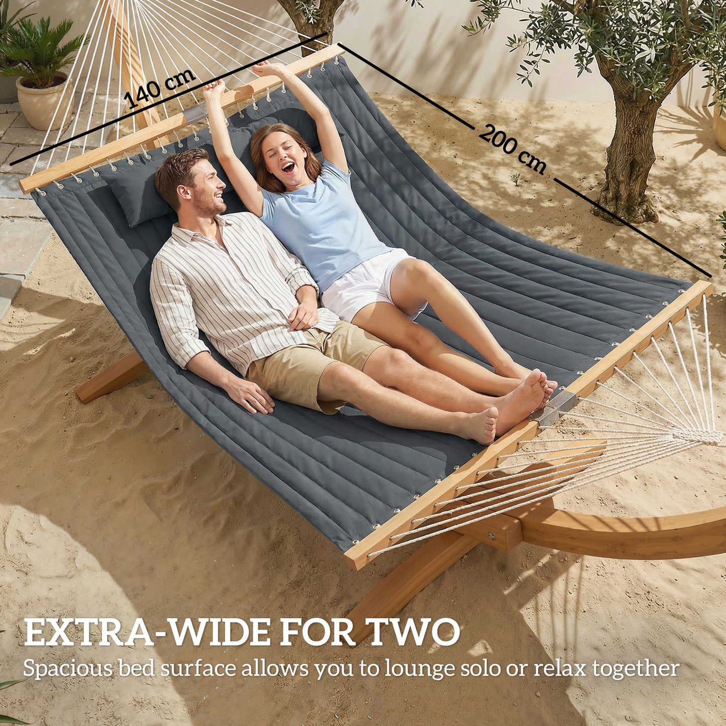 Outsunny Double Hammock Two Person Swing Bed With Spreader Bars Pillows Pad 200 X 140 Cm Grey