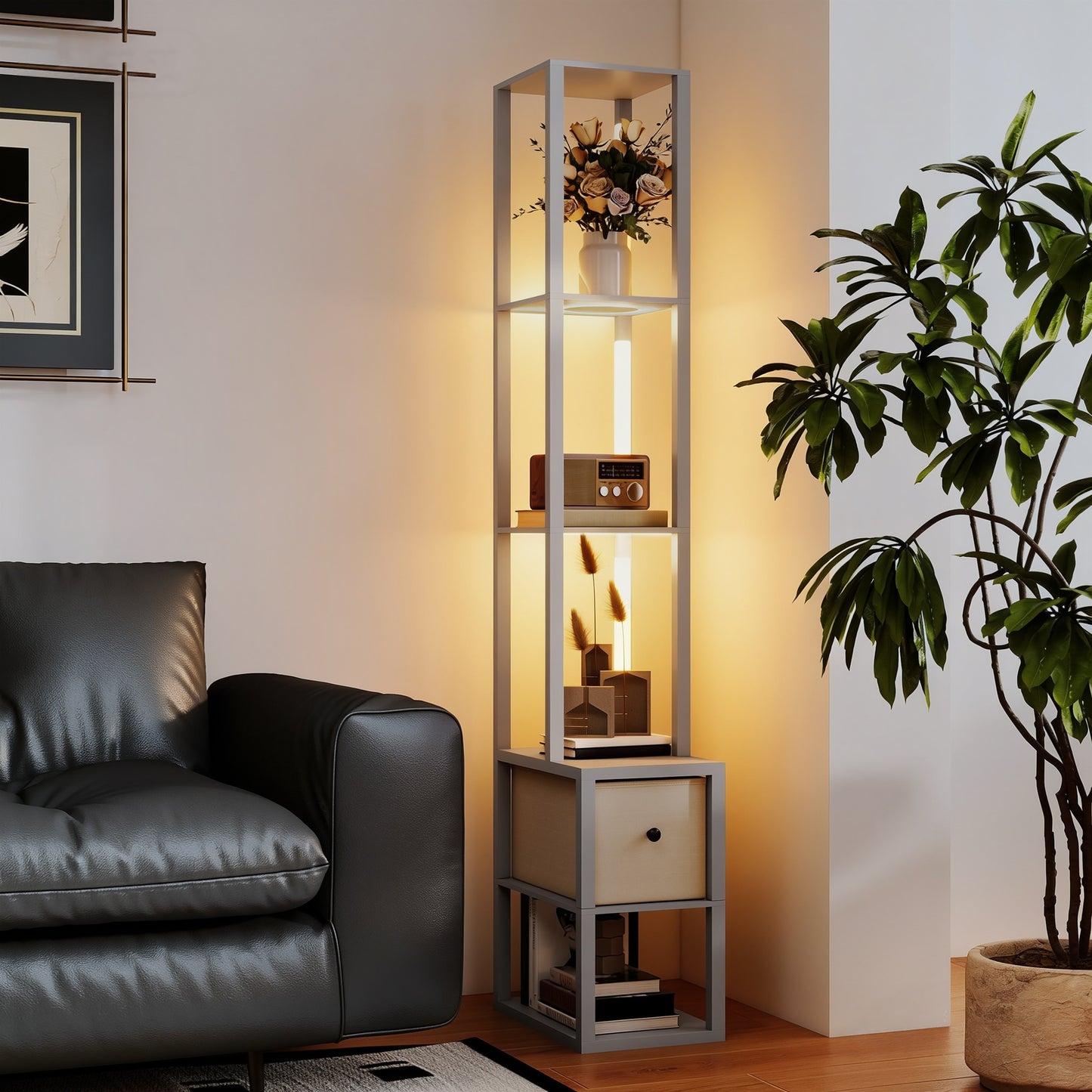HOMCOM 3 In 1 Floor Lamp With Shelves And Fabric Drawer LED Column Modern Standing Lamp Adjustable Brightness Grey