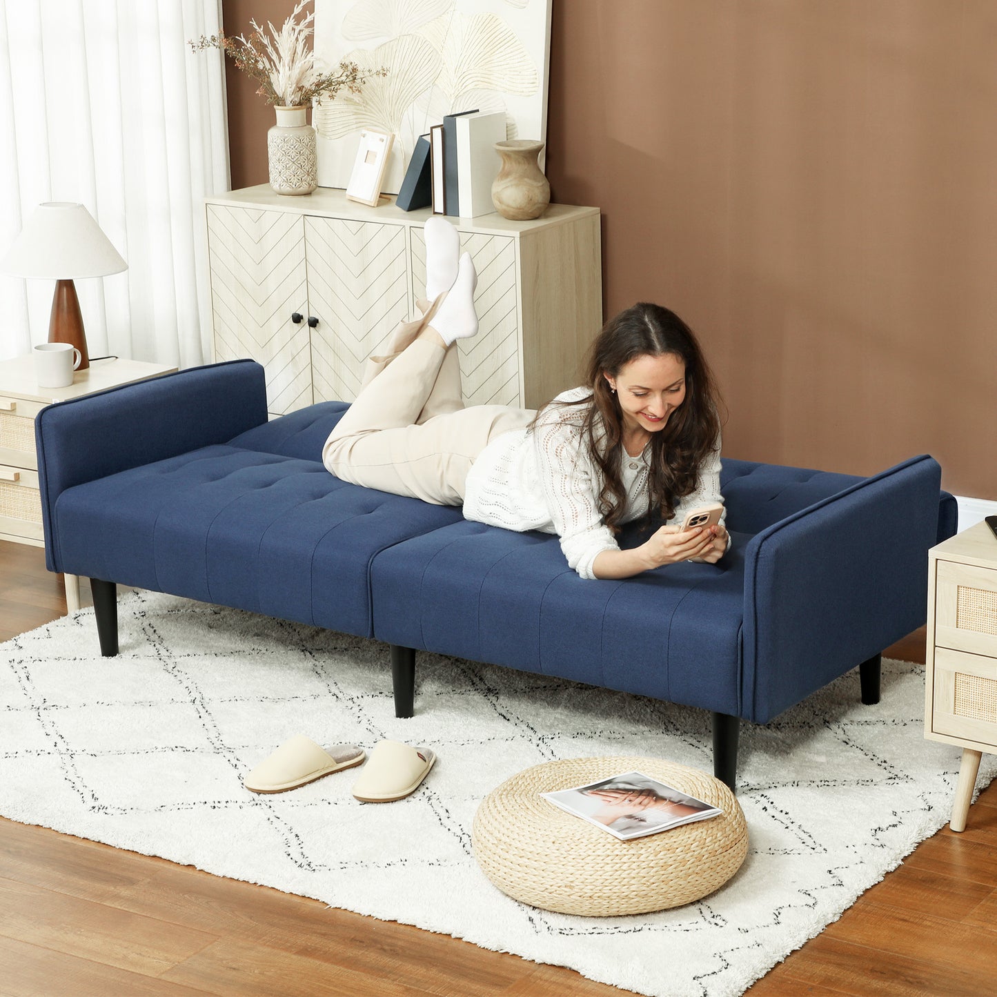HOMCOM Three Seater Sofa Bed With Cupholders Dark Blue For Small Living Rooms And Guest Rooms