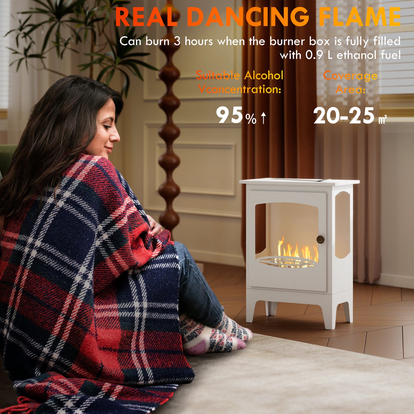 HOMCOM Freestanding Ethanol Fireplace Bioethanol Stainless Steel Flame Snuffer 0.9L Tank 3 Hour Burn Time Indoor