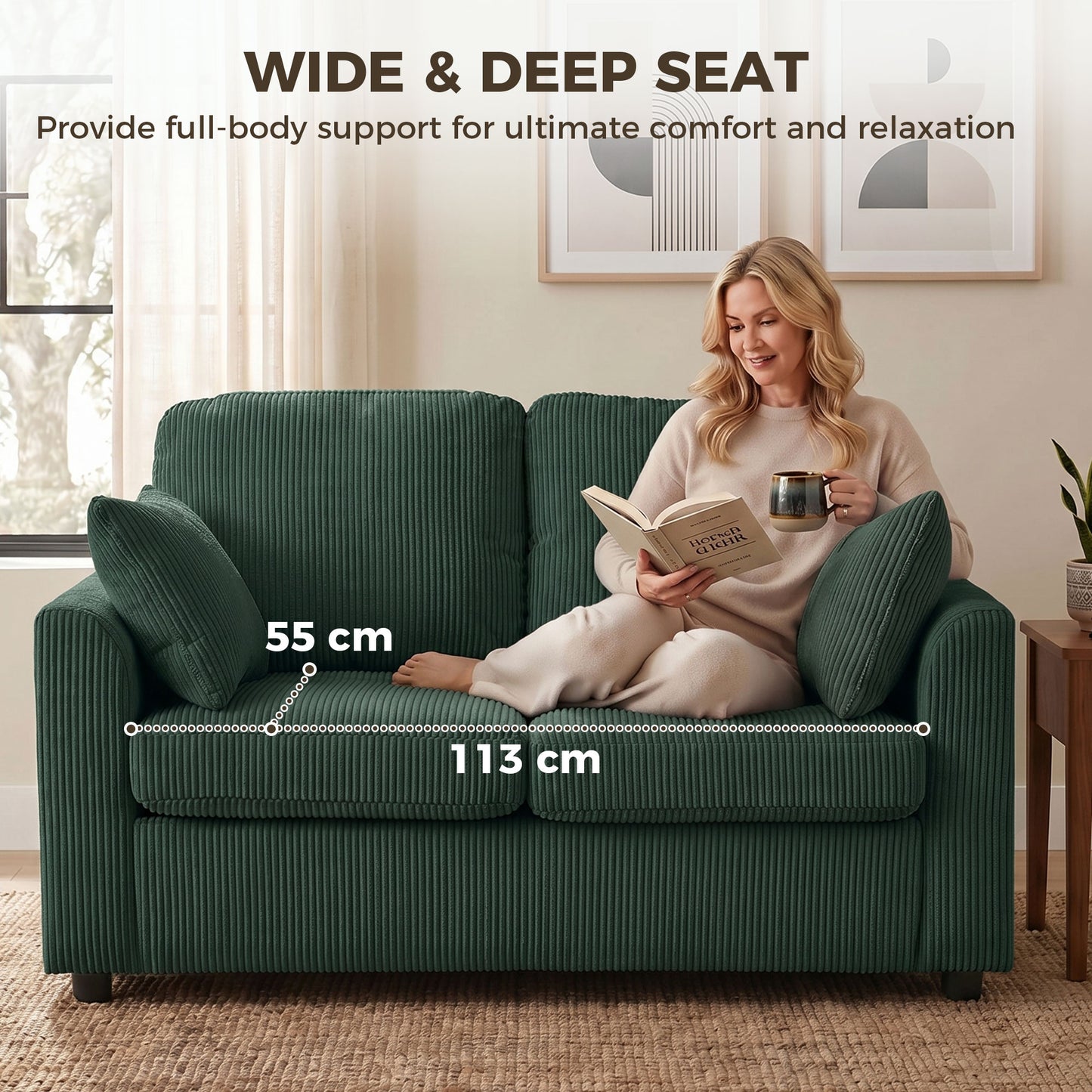 HOMCOM 2 Seater Sofa Corduroy Couch with Pocket Springs Deep Seat Upholstery Dark Green