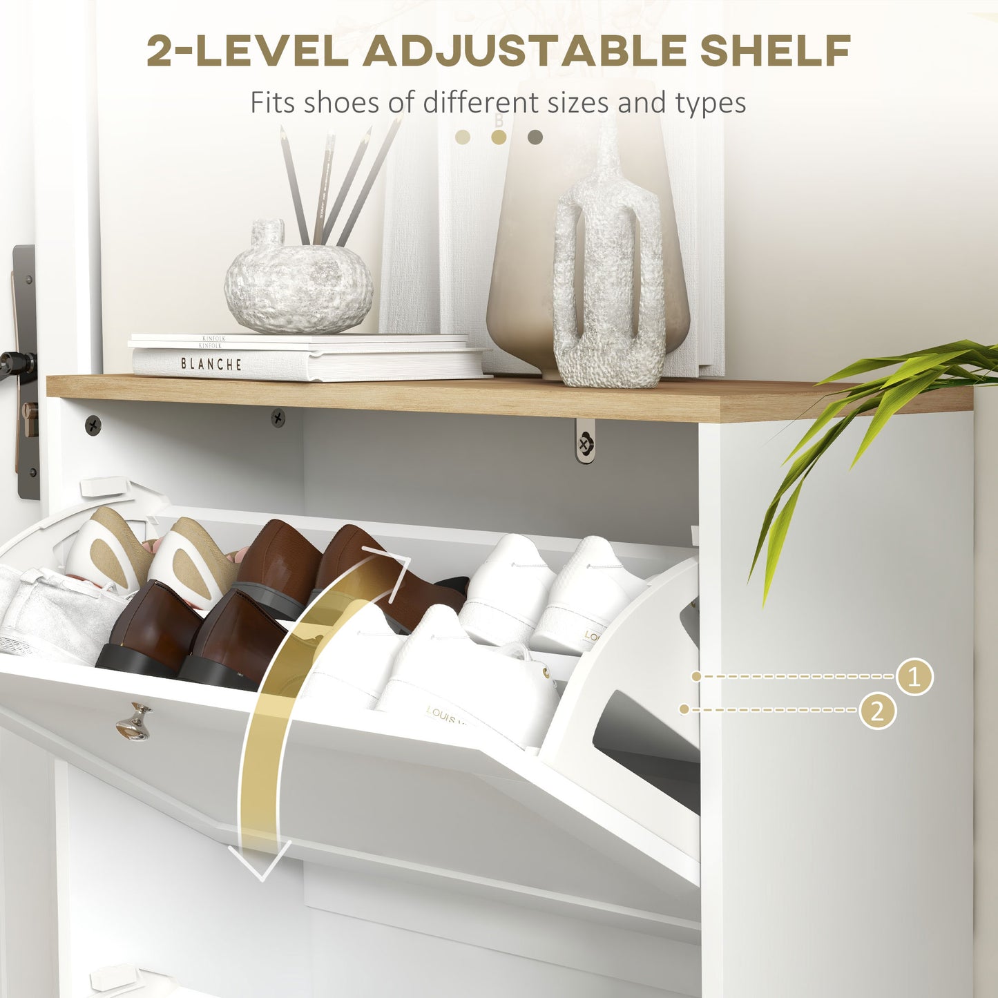 HOMCOM White Two Flip Drawer Shoe Cabinet With Adjustable Shelves Holds 8 To 12 Pairs Of Shoes Compact Stylish Storage
