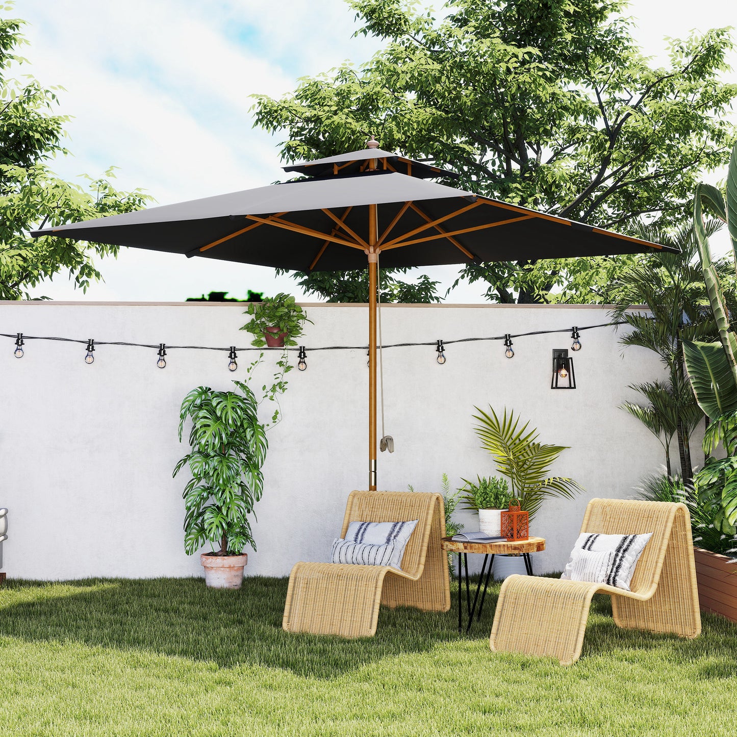Outsunny 3 m Square Canopy Parasol With Bamboo And Poplar Wood Frame For Outdoor Shade Black