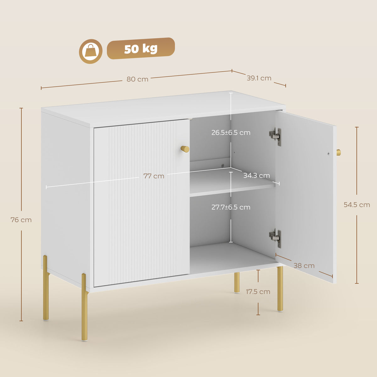 White sideboard cabinet with fluted doors, gold legs, open storage space, and dimensions