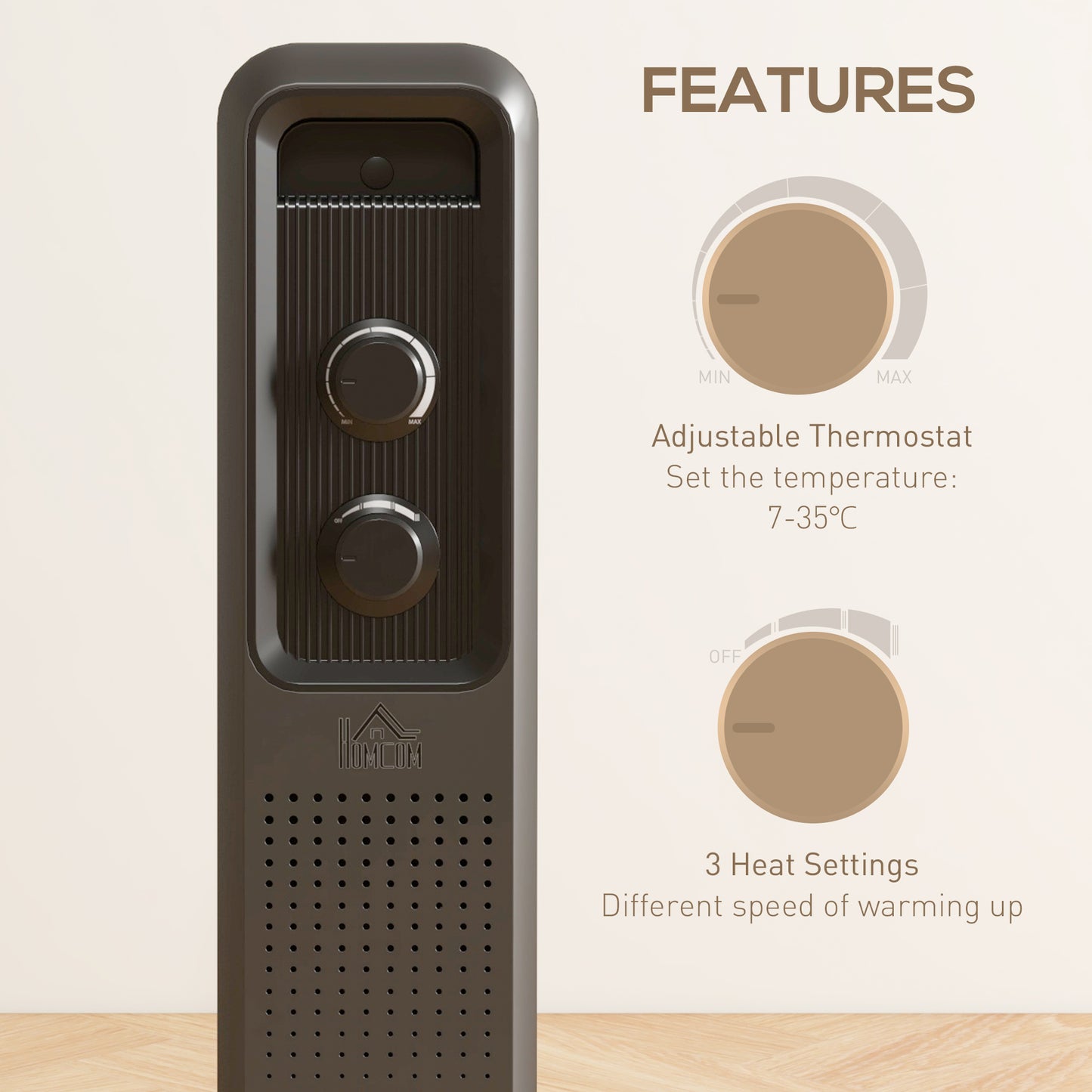 HOMCOM 2500W Oil Filled Radiator With 11 Fin Portable Electric Heater 3 Heat Settings Safety Cut Off And Wheels Grey