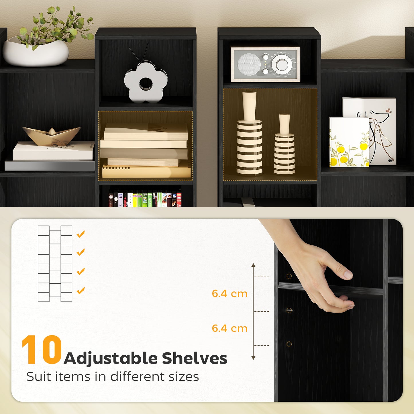 HOMCOM 21 Compartment Tall Bookshelf with Adjustable Shelves Black Finish for Living Rooms
