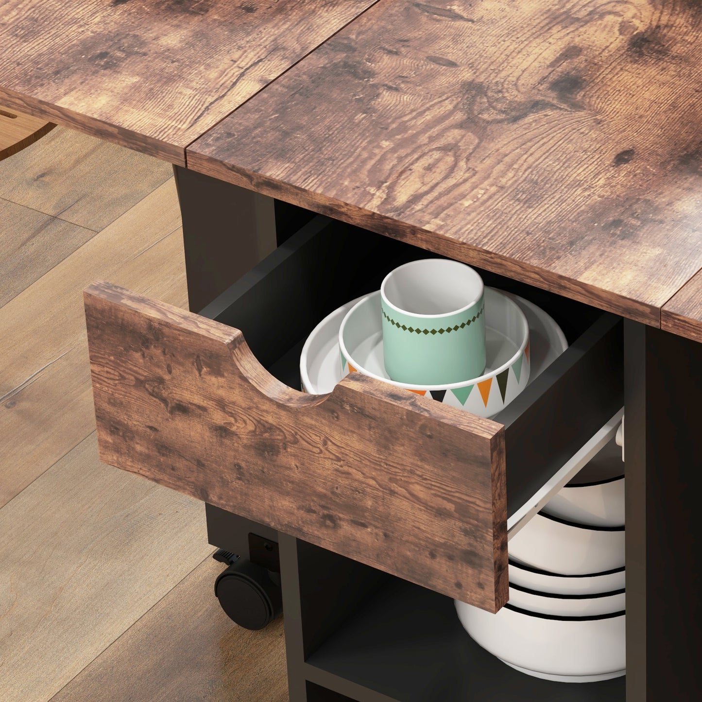 HOMCOM Folding Dining Table With Drop Leaves For Small Spaces Drawer And Storage Shelves Rustic Brown Finish