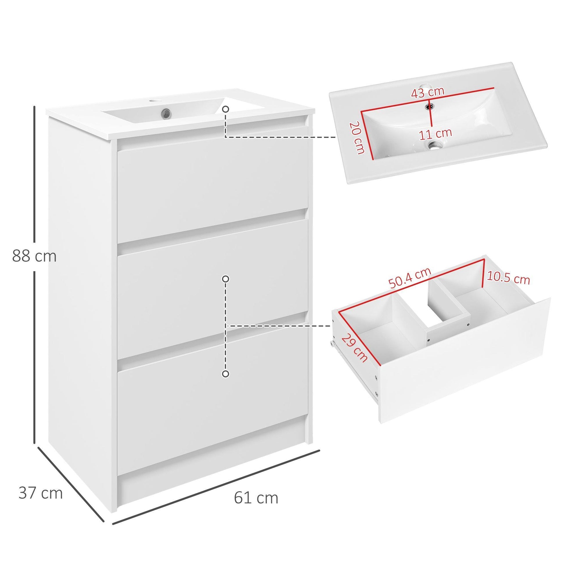 Kleankin 600mm Vanity Unit with Basin- White Gloss - ALL4U RETAILER LTD