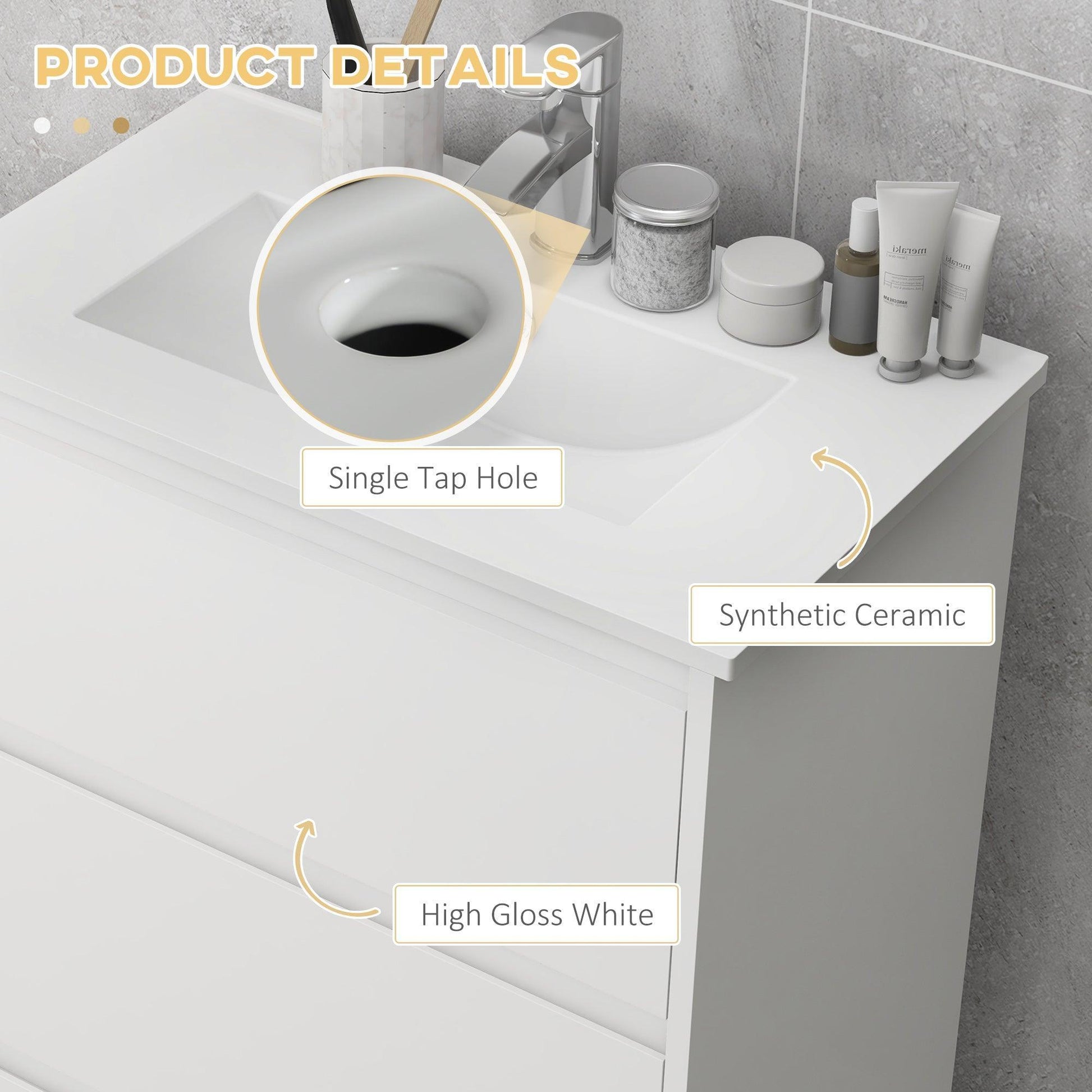 Kleankin 600mm Vanity Unit with Basin- White Gloss - ALL4U RETAILER LTD