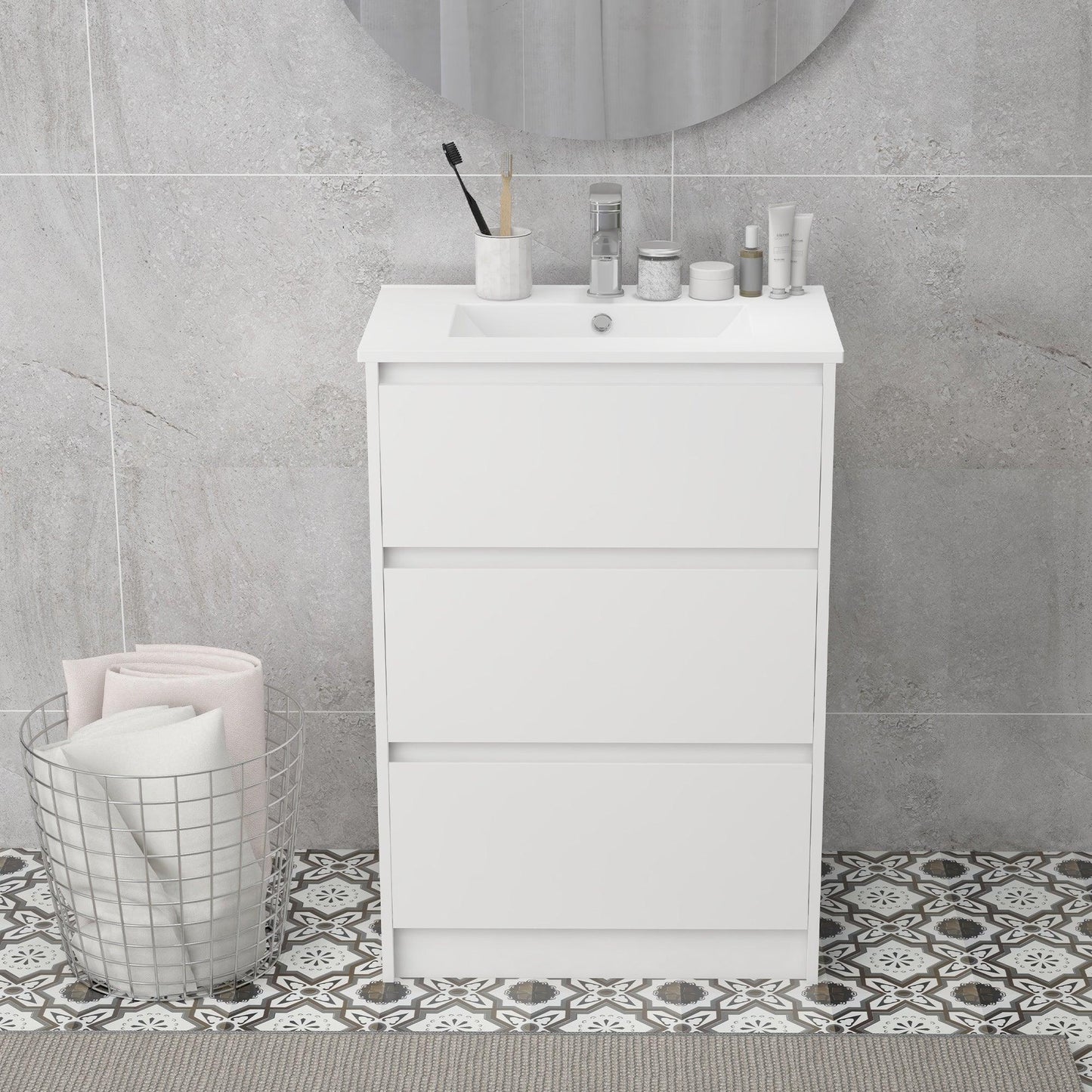 Kleankin 600mm Vanity Unit with Basin- White Gloss - ALL4U RETAILER LTD