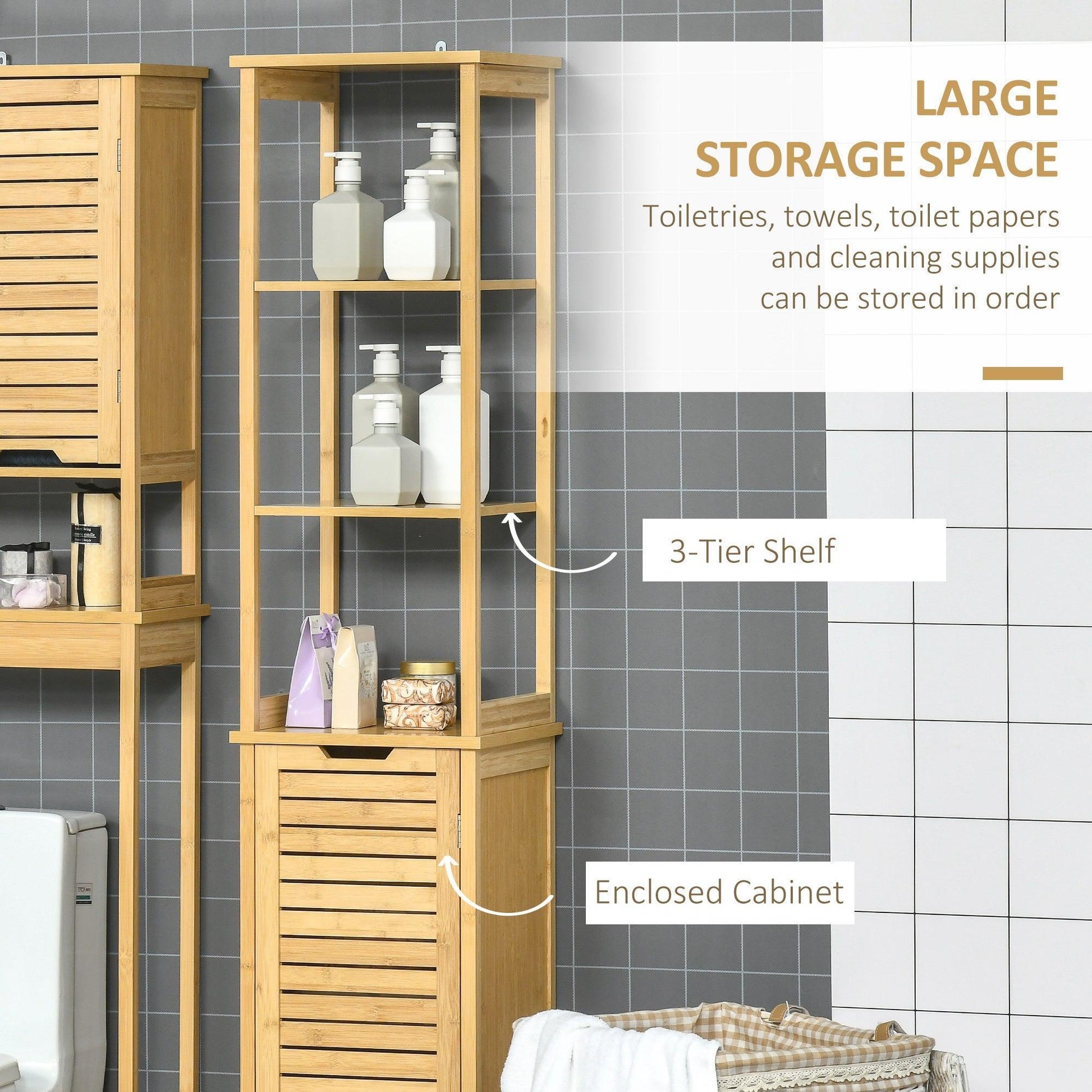 Kleankin Bathroom Storage Organiser with 3 Shelves & Cupboard - ALL4U RETAILER LTD