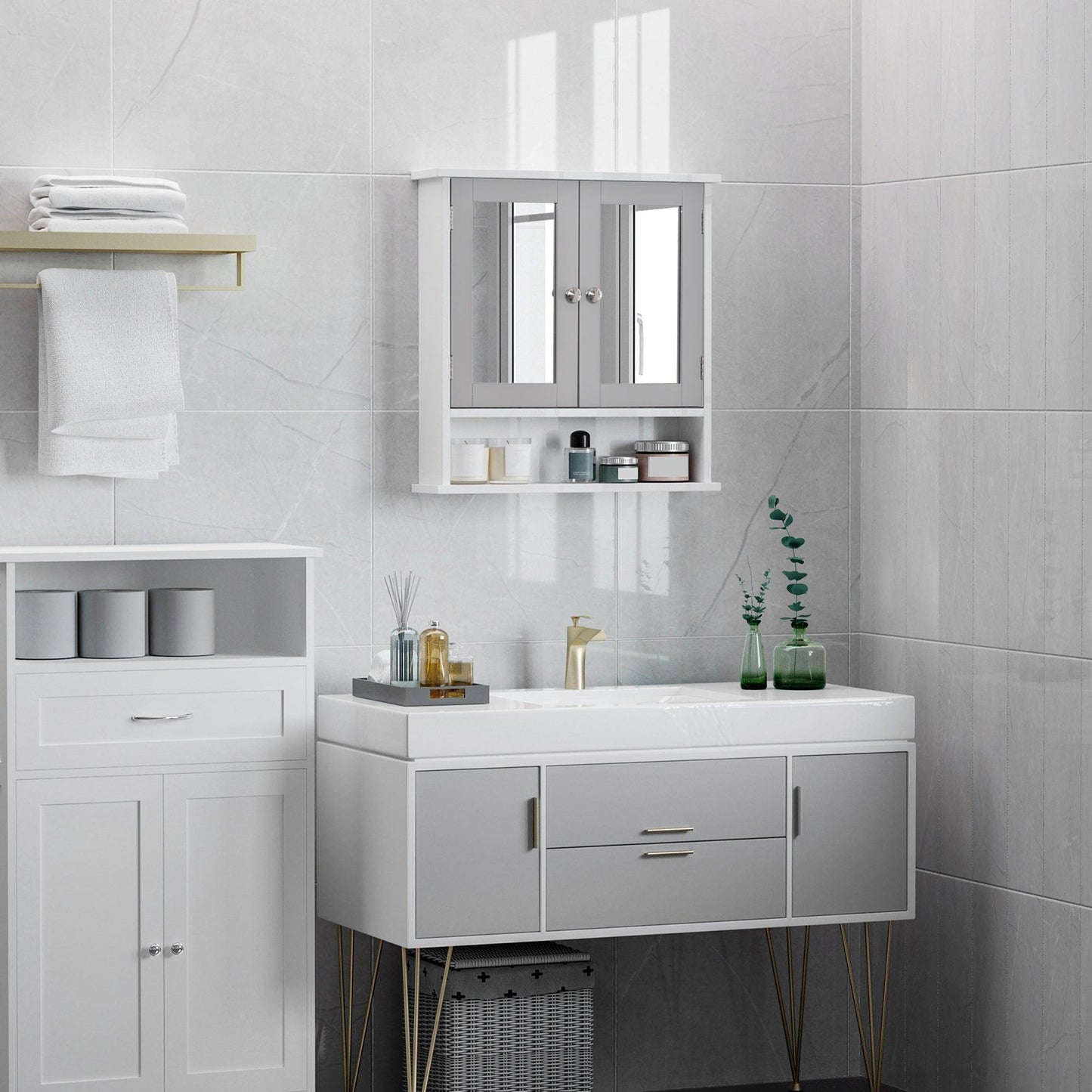 Kleankin Grey Bathroom Storage Cabinet with Mirrored Doors - ALL4U RETAILER LTD