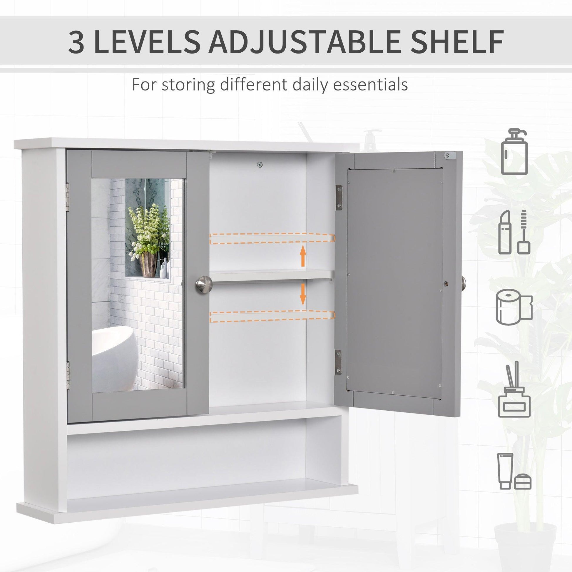 Kleankin Grey Bathroom Storage Cabinet with Mirrored Doors - ALL4U RETAILER LTD