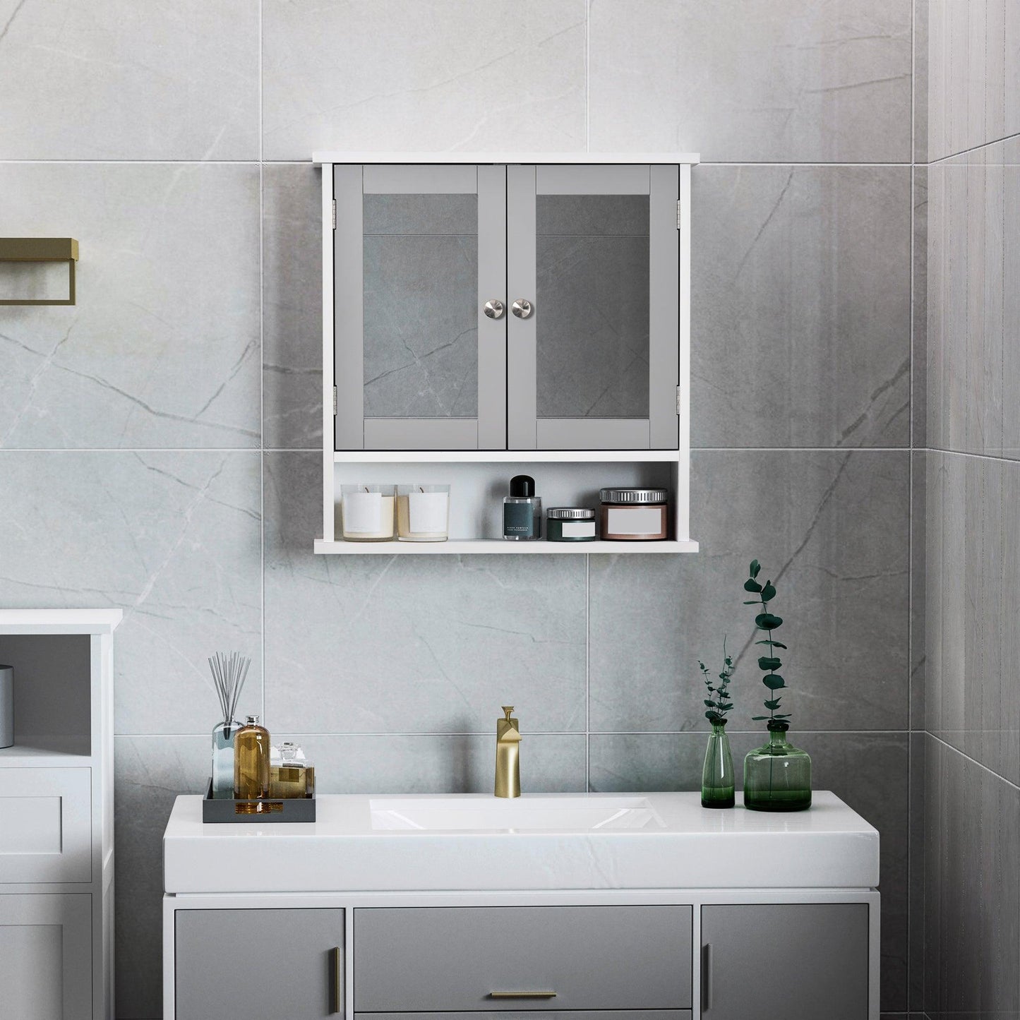 Kleankin Grey Bathroom Storage Cabinet with Mirrored Doors - ALL4U RETAILER LTD