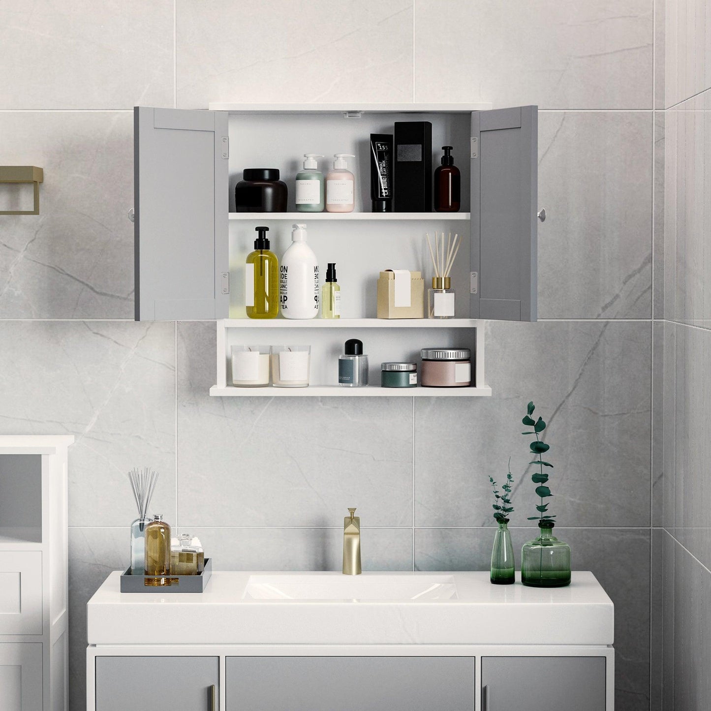 Kleankin Grey Bathroom Storage Cabinet with Mirrored Doors - ALL4U RETAILER LTD