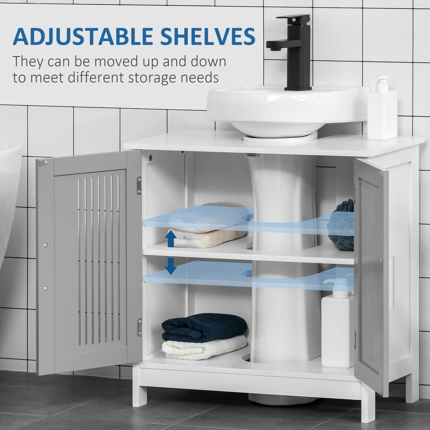 Kleankin Grey Under Sink Cabinet with 2 Doors, Adjustable Shelves - ALL4U RETAILER LTD