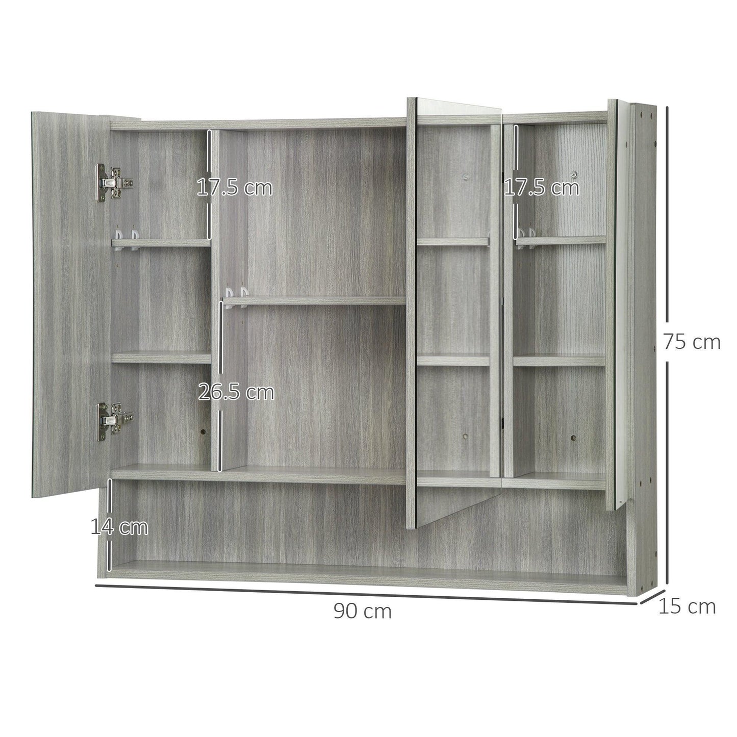 Kleankin Grey Wall Mounted Bathroom Cabinet with Adjustable Shelves - ALL4U RETAILER LTD