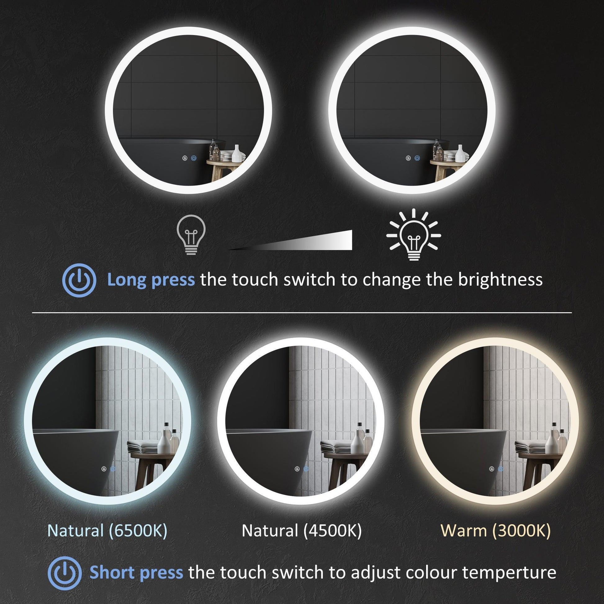 Kleankin Round LED Bathroom Mirror, Anti-Fog, 3 Colors - ALL4U RETAILER LTD