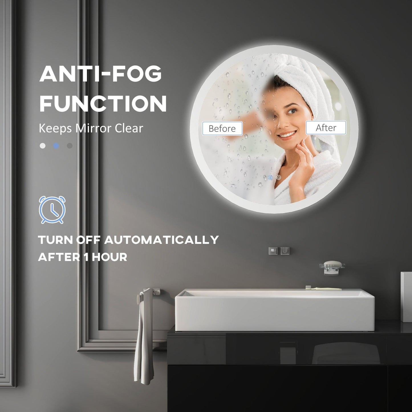 Kleankin Round LED Bathroom Mirror, Anti-Fog, 3 Colors - ALL4U RETAILER LTD