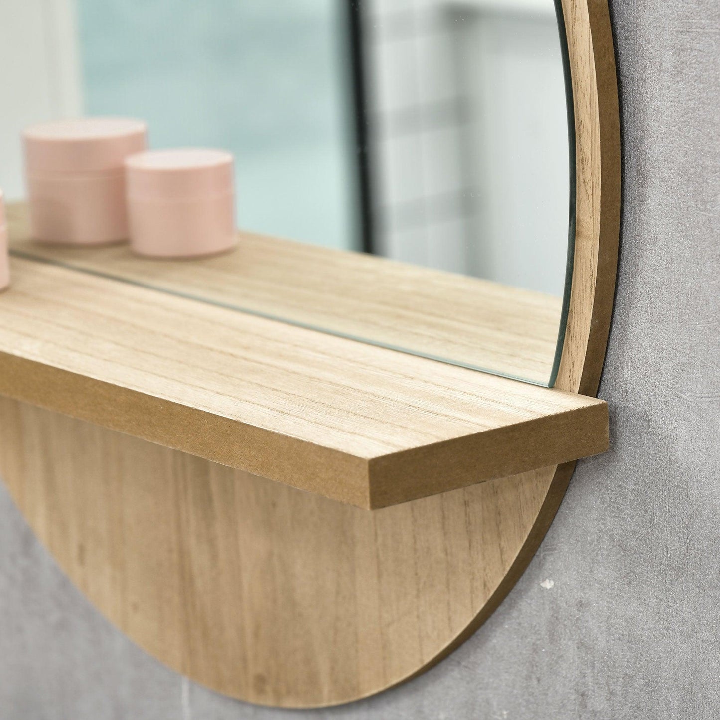 Kleankin Wall Mounted Mirror with Shelf - Natural Wood, 45cm - ALL4U RETAILER LTD