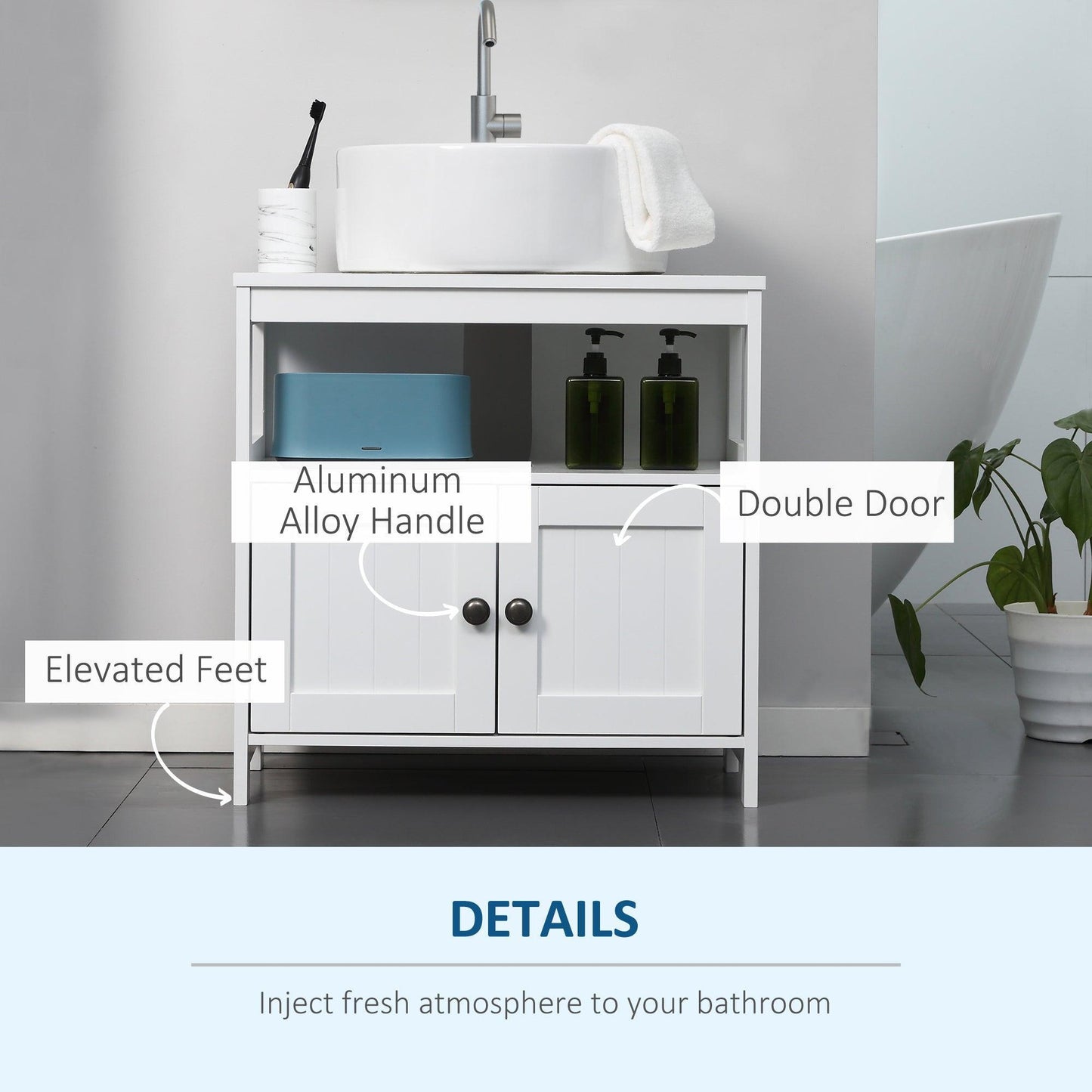 Kleankin White Double Door Under Sink Cabinet - Modern Bathroom Vanity - ALL4U RETAILER LTD