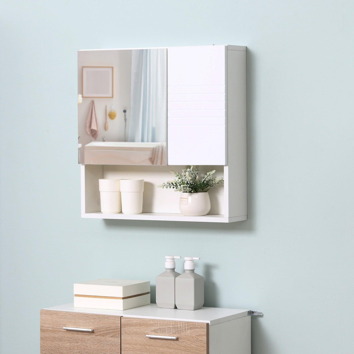 Kleankin White Wall Mount Bathroom Mirror Cabinet - Adjustable Shelf - ALL4U RETAILER LTD