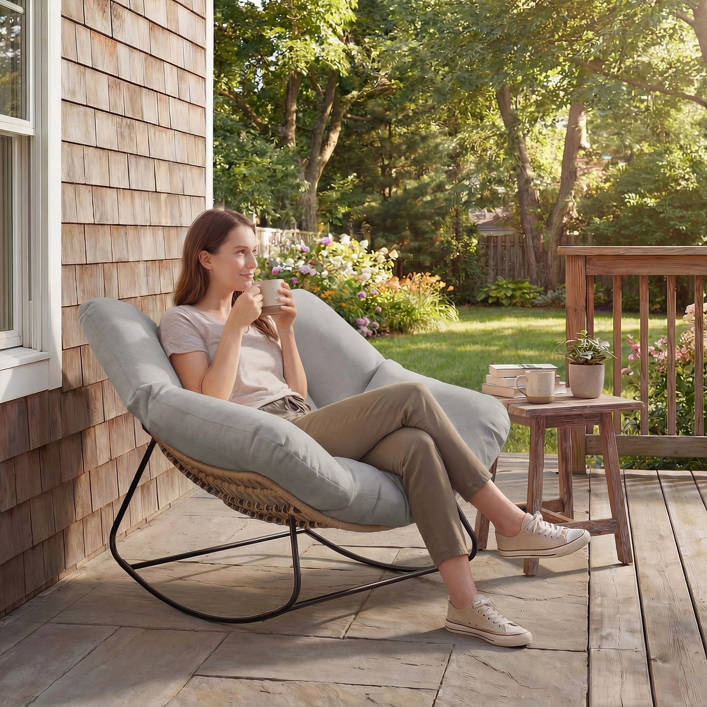 Outsunny Indoor Outdoor Oversized Rocking Egg Chair With Cushion For Living Room Garden Patio Light Grey