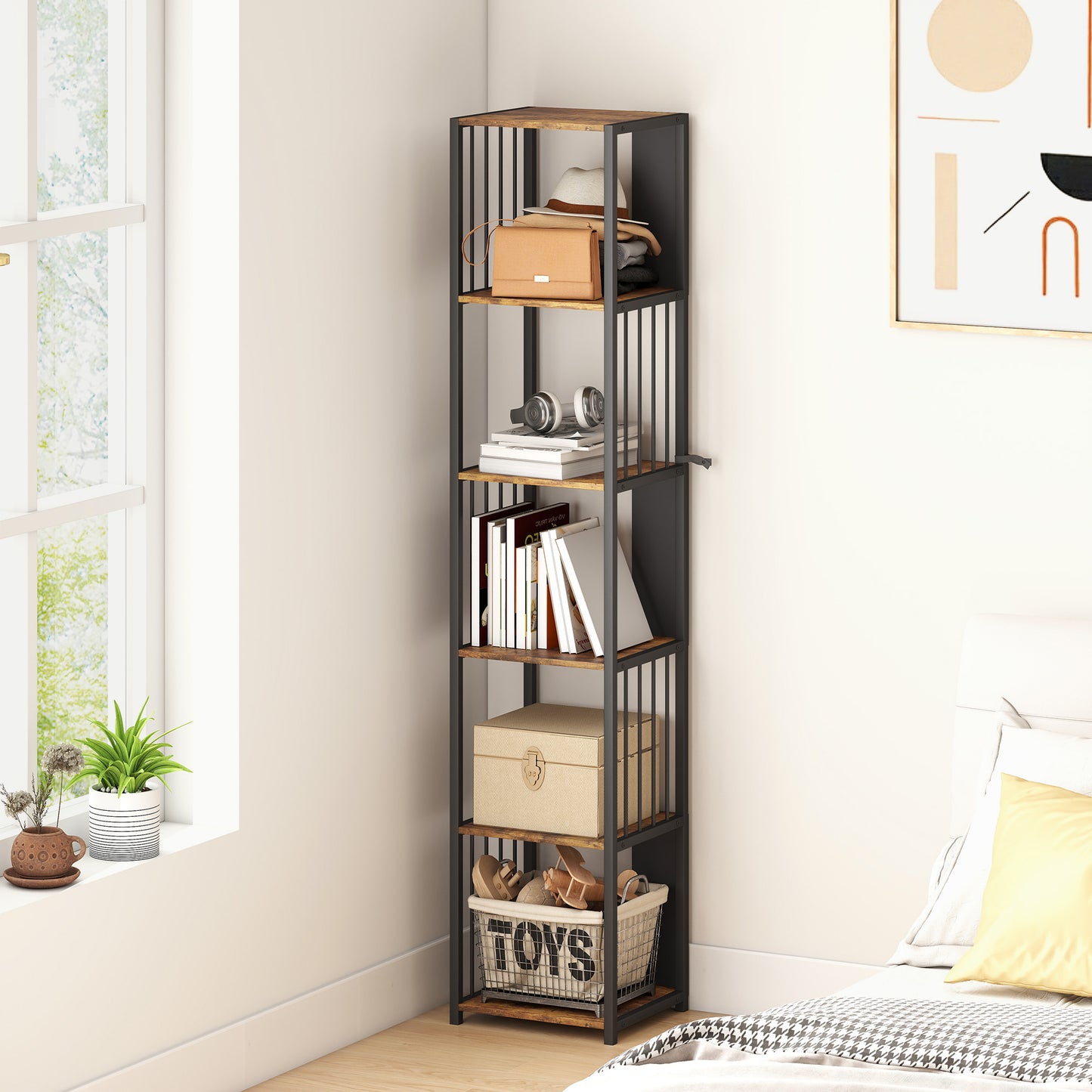 HOMCOM 5 Tier Bookshelf With Steel Frame Rustic Brown Wood Effect Five Open Shelves Anti Tip Straps 60 Kg Capacity