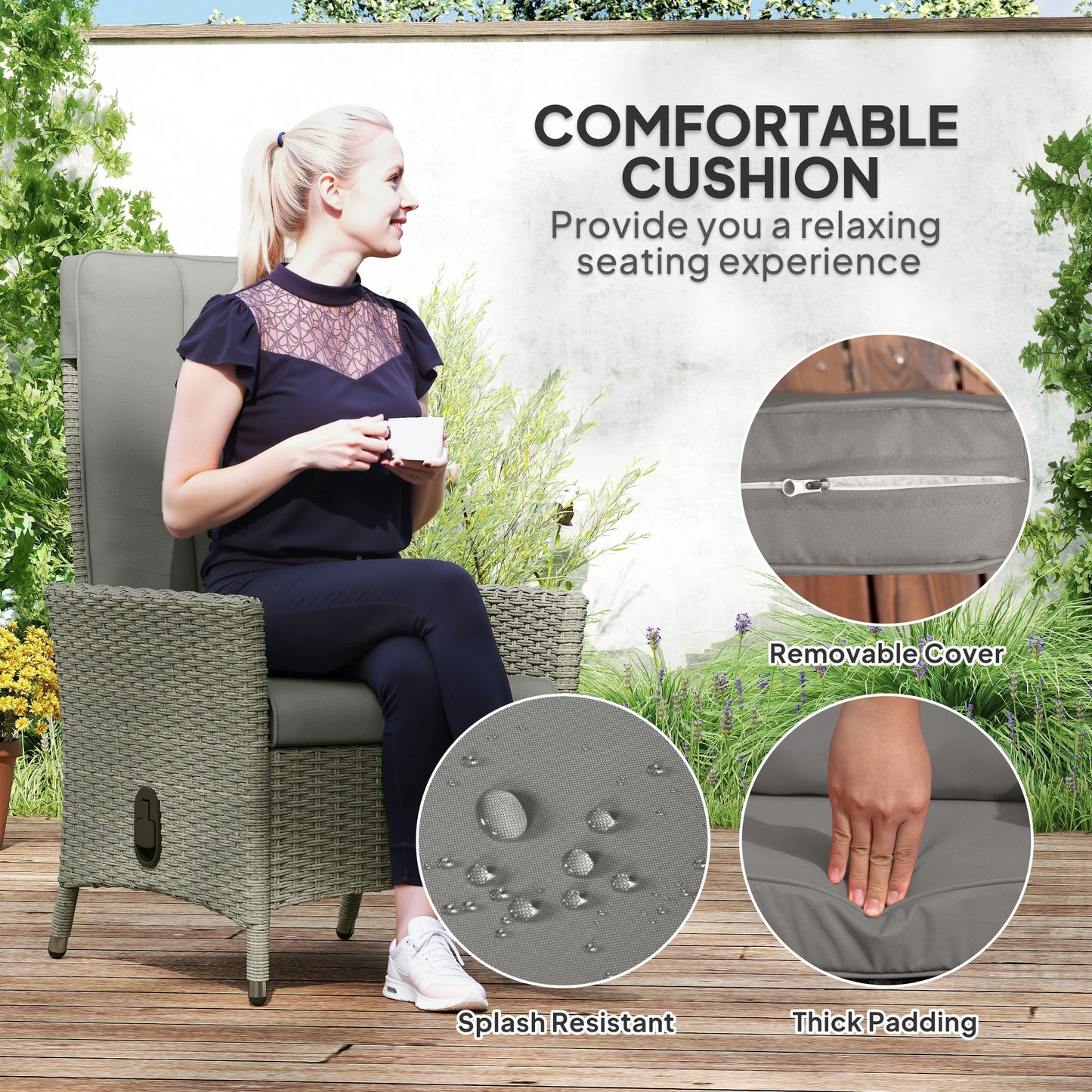 Outsunny Reclining Rattan Chair 105 To 150 Degrees Backrest Grey Cushioned Outdoor Lounger