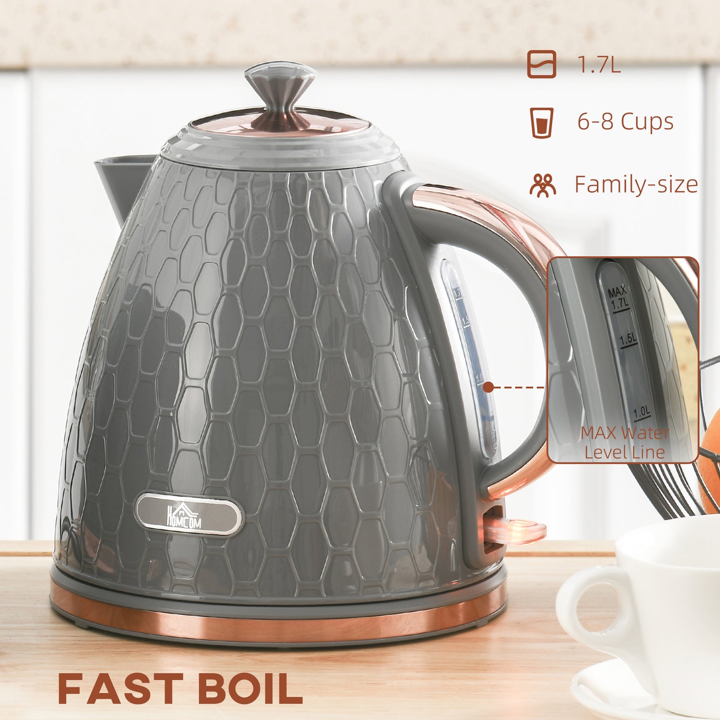 HOMCOM 3kW Rapid Boil Honeycomb Kettle Grey Electric Kettle With Boil Dry Protection