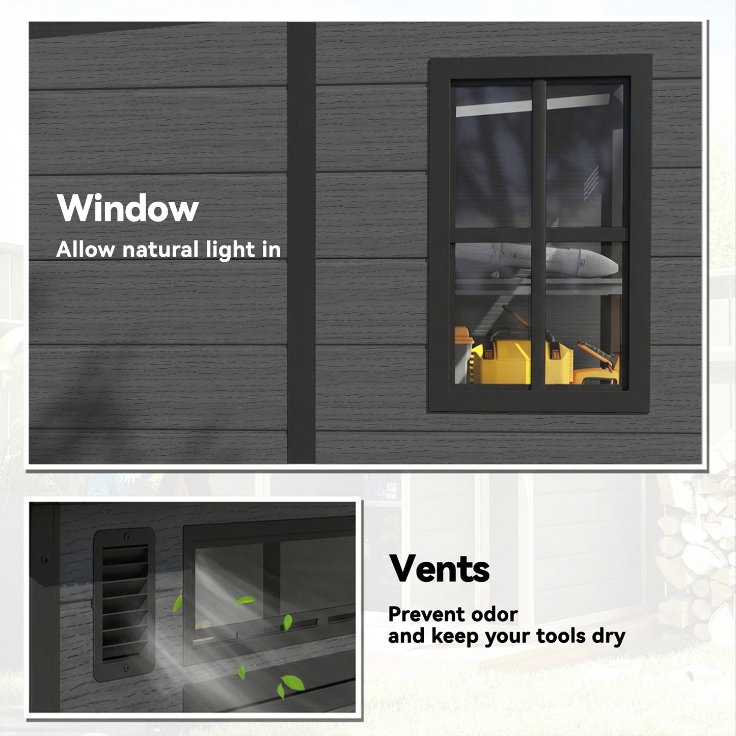 Outsunny 6x6 ft Plastic Garden Shed Wood Effect Outdoor Storage With Floor Windows Ventilation Lockable Doors Dark Grey