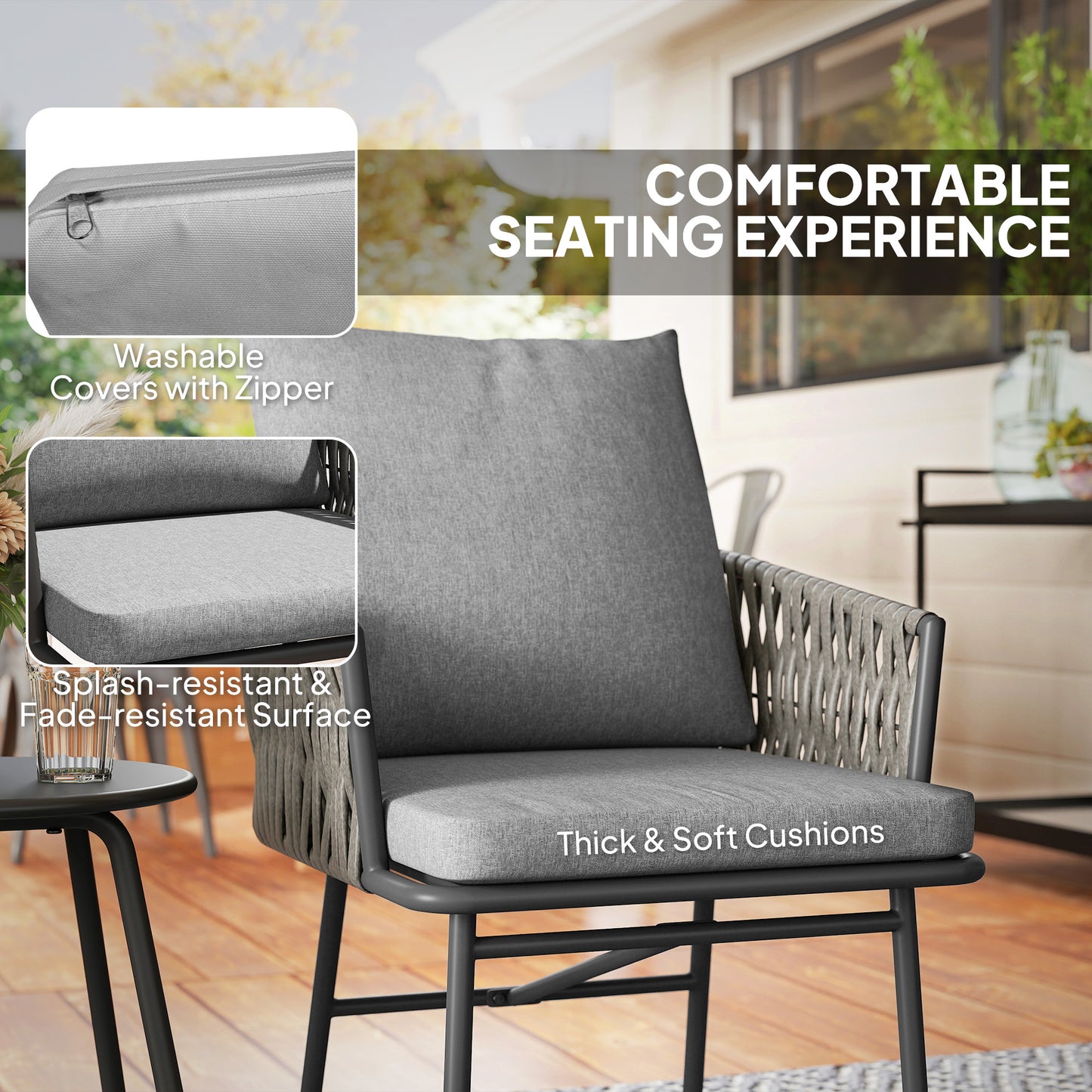 Outsunny 3 Piece Rattan Bistro Set With Table And Chairs And 4 Cushions For Balcony Porch Terrace Garden Grey