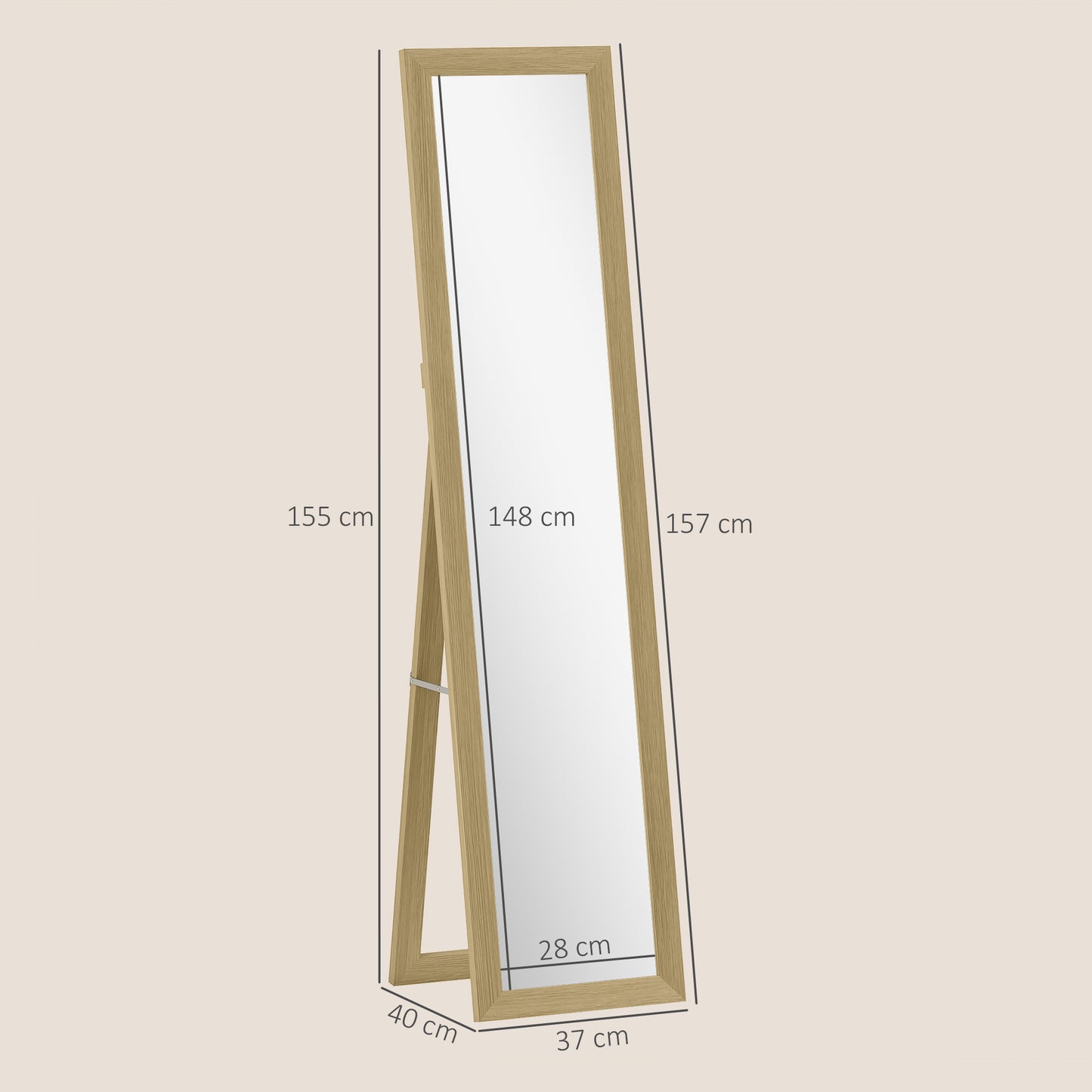 HOMCOM Full Length Mirror 37 x 157 cm Natural Wood Effect Standing Mirror for Bedroom