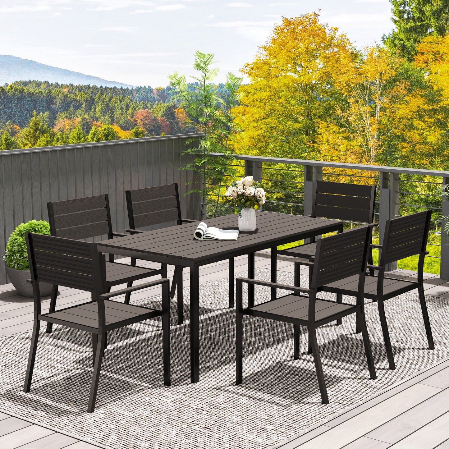 Outsunny Seven Piece Outdoor Dining Set With Six Stackable Chairs Brown For Patio And Garden Slatted Plastic Table