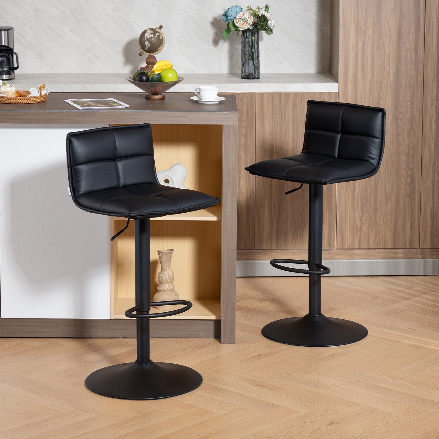 HOMCOM Set Of Two Modern Faux Leather Bar Stools With Gas Lift And 360 Degree Swivel, Adjustable Height 64-85 Cm, Black