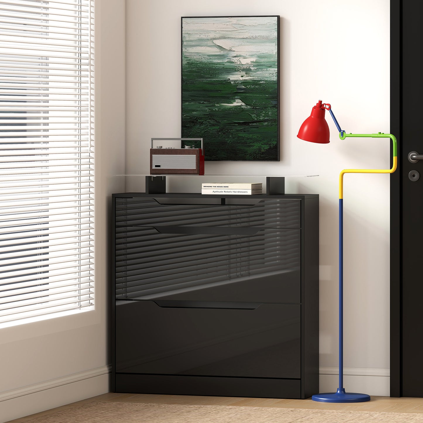 HOMCOM Narrow Shoe Storage Cabinet With Slide Out Drawer And Two Flip Doors Tempered Glass Top Black