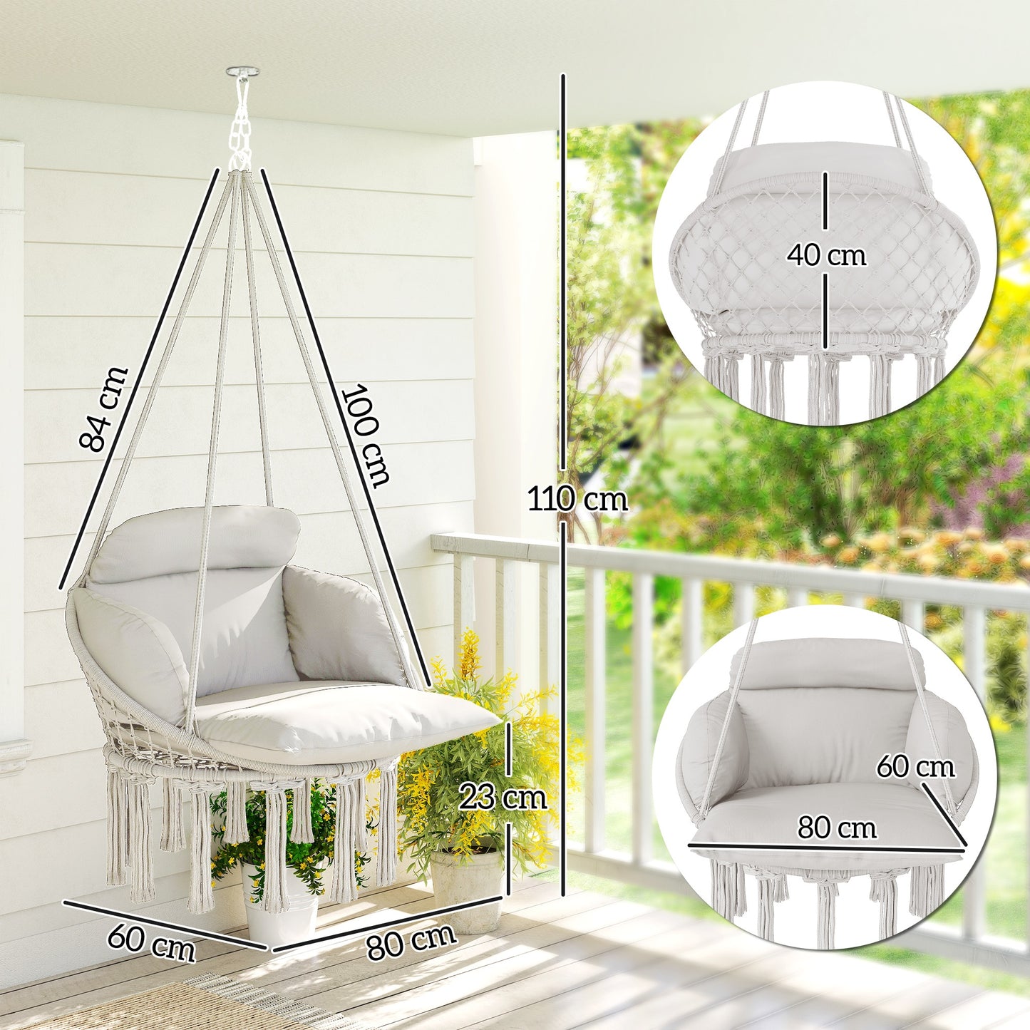 Outsunny Outdoor Hammock Chair With Plush Cushion Cotton Rope Boho Style Swing Cream White
