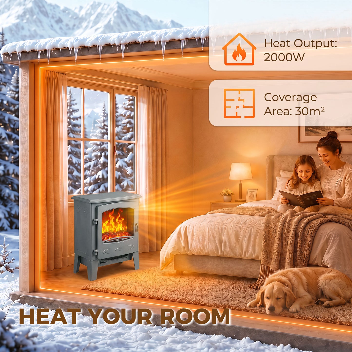 HOMCOM Freestanding Electric Fireplace Realistic Flame Dual Heat Settings Grey