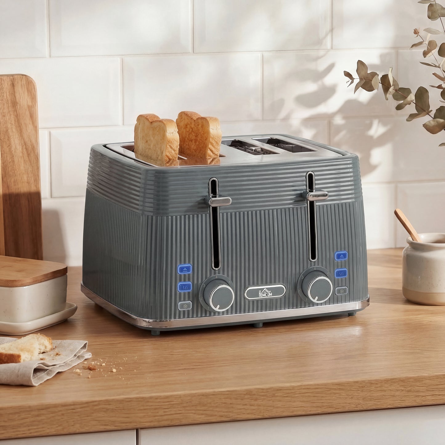 HOMCOM 4 Slice Toaster with Dual Controls and 7 Browning Levels Removable Crumb Tray Grey
